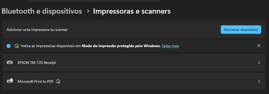 Confirmação da impressora em Impressoras e scanners